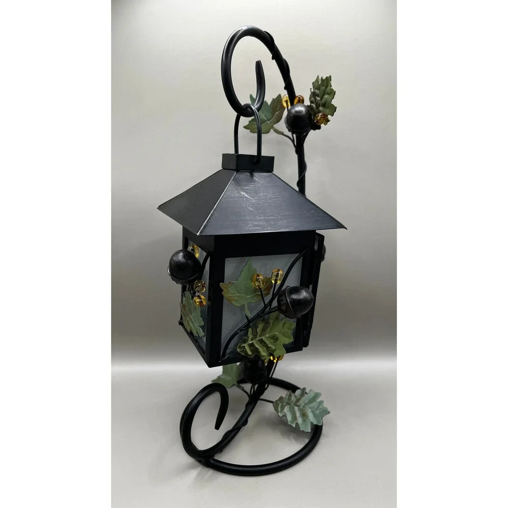 Black Metal Hanging Lantern Leaf Acorn Stand Tea Light Votive Holder 12